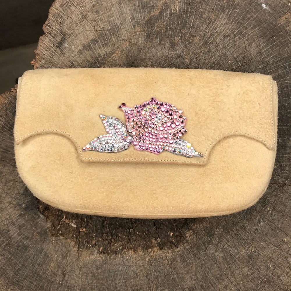 tan suede evening clutch with rhinestone rose Santini Mavardi